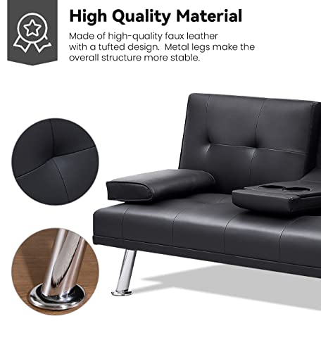 Lamerge Faux Leather Futon Sofa Bed Upholstered Modern Convertible Sofa Bed Small Couch Bed Adjustable Couch Sleeper, Removable Armrests, Metal Legs, 2 Cupholders, Black, 65.7" L X 18.8" W X 29.5" H #TOP5