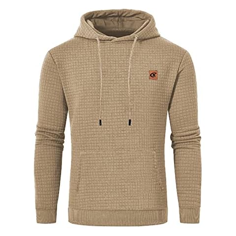 YuKaiChen Men's Casual Long Sleeve Checked Drawstring Jacquard Hooded Sweat with Fleece Inside, khaki, L Cover
