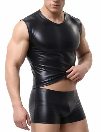 Image of AIEOE Men's Leather Metallic Shirts Shiny Slim Fit Stretch Top Wetlook Club Party Undershirts