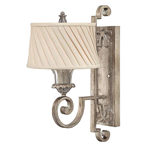 Image of Wall Light Sconce - Glass Bobesches - Ivory Pleated Fabric Shade - Silver Leaf Finish - LED E27 75W Bulb