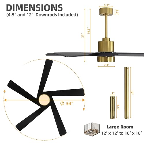 WINGBO 54" ABS DC Ceiling Fan with Lights, 5 Blade ABS Plastic Ceiling Fan with Remote, 6-Speed Reversible DC Motor, LED Ceiling Fans for Kitchen Bedroom Living Room, Brass and Matte Black by WINGBO - Image 3