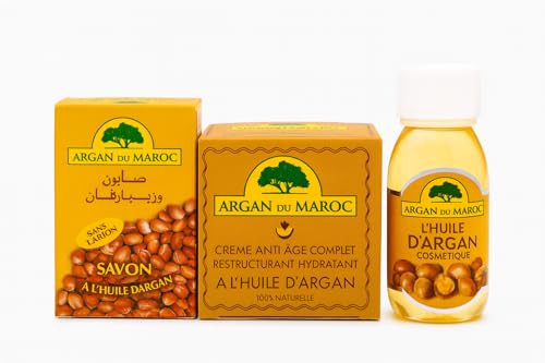 Argan du Maroc Pack de Cuidado Natural, Crema Anti Edad, Aceite Regenerador y Jabón Enriquecido, 100% Natural con Aceite de Argán