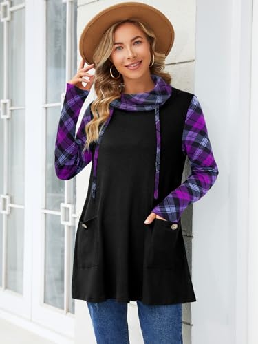 Bulotus Fall Sweaters for Women 2025 Cowl Neck Asymmetrical Long Tunics for Leggings Vacation Travel Tops with Pockets