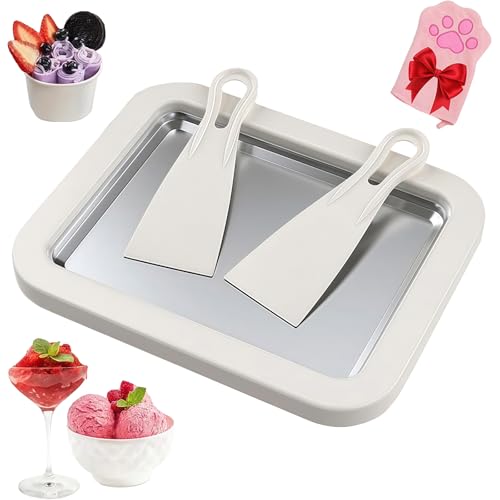 At-Home Rolled Ice Cream Maker Kit, At-Home Instant Freeze Plate with 2 Scrapers, DIY Homemade Ice Cream Roll Maker Tray for Yogurt Sorbet and Fun Family Dessert Activities (White)
