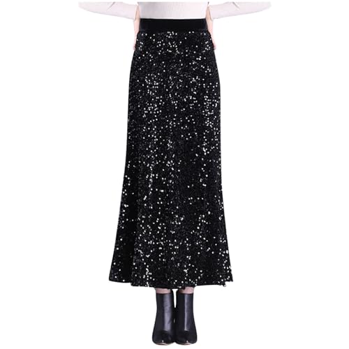 Women's Sequin Skirt Elastic High Waist Ruffled Hem Night Out Party Bodycon Flare Midi Skirt Trendy Fashion Outfit