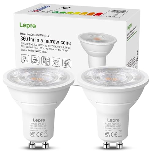 Lepro Ampoule LED GU10 Class A, 360lm Blanc Chaud 2700K, 2W Équivaut de 50W, Spot LED GU10, 38° Faisceau Pratique, Ampoules GU10 Non Dimmable Économie d'Énergie, Lot de 2