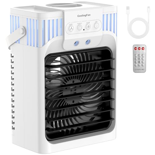 Portable Air Conditioners with Remote for Bedroom, 4-IN-1 Personal Evaporative Air Cooler with 3 Speeds & 3 Mist, 7-Color Night Light, 2-8H Timer, 1200ML Mini Air Conditioner Cooling Fan for Office