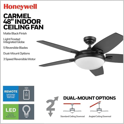 Image of Honeywell Ceiling Fans Carmel, 48 Inch Contemporary Indoor LED Ceiling Fan with Light, Remote Control, Dual Mounting Options, Dual Finish Blades, Reversible Motor - 51912-01 (Black)
