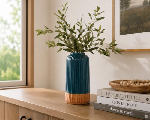 Beyond Homes Ribbed Ceramic Vase Set of 1 | Dual Tone Green Moder...