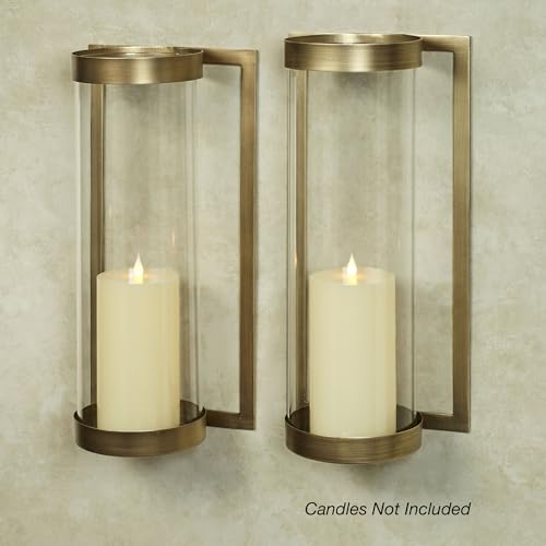 Crosce Satin Brass Metal Wall Sconce | Set of Two | Candleholder Sconces for Bedroom Living Room, Bathroom, Hallway, Entryway | Hurricane Style Glass