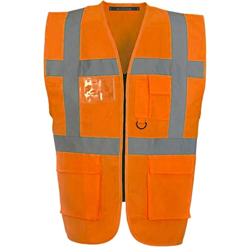 Executive Hi Viz Vis Vest High Visibility Zip Vests 2 Band Reflective Security Work Contractor Safety Mobile Phone Pocket ID Holder Workwear Waistcoat Jacket Top Size (HV330 Orange, L)
