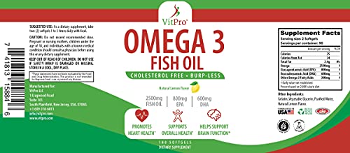 Vitpro Triple Strength Omega 3 Fish Oil - 2500Mg With Epa And Dha, Cholesterol Free, Burp-Less, Joint Support, Promotes Brain & Heart Health, Non-Gmo, Natural Lemon Flavor - 180 Softgels #TOP1