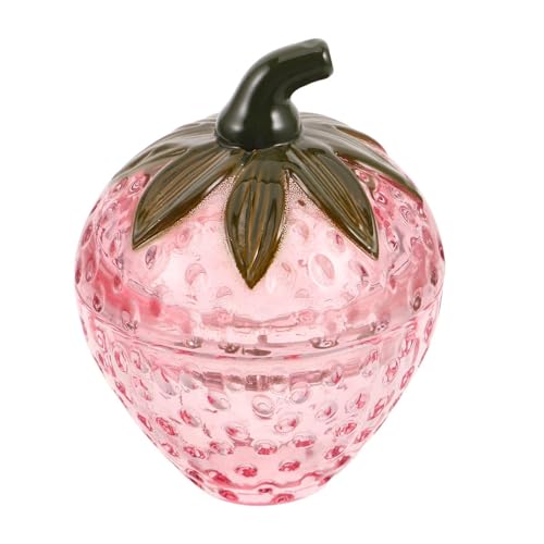 Hohopeti Airtight Cookie Jar: Pink Strawberry Shaped Glass Canister with Lid - Cute Decorative Fruit Jar - Holiday Candy Storage Box for Easter Or Desk Display