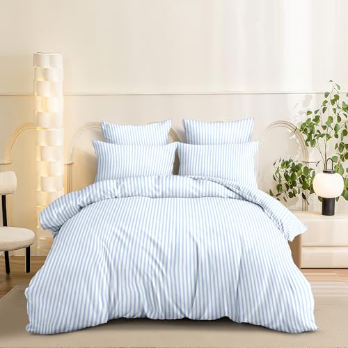 Image of Nayoroom Blue Striped Duvet Cover Full Size White Stripe Duvet Cover Dorm Bedding Set 3 Pieces Soft Lightweight Washed Microfiber Farmhouse Bedding Set Gifts for Women Men