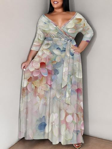Image of SUZONANA Women's Plus Size Maxi Dresses Casual Loose Short Sleeve Long Maxi Dress with Belt Wedding