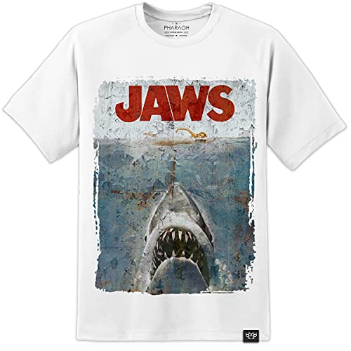 Image of Jaws Spielberg Distressed Movie Poster T Shirt (S-3XL) (Large) White