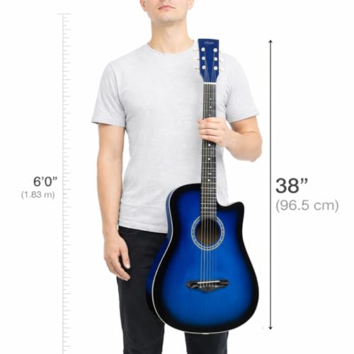 Image of Henrix 38C 38 Inch Basswood Cutaway Acoustic Guitar With Dual Action Truss Rod, Gigbag, Picks, String Set, String Winder, Strap, Polishing Cloth & Ebook - Blue Burst