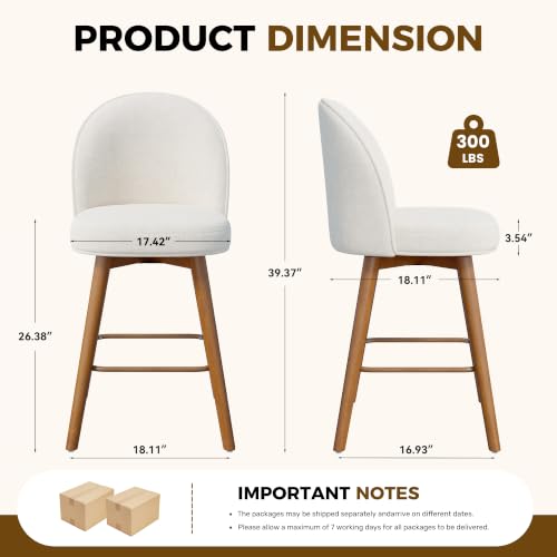 Image of Modern Swivel Bar Stools Set of 2, Chic Upholstered Counter Height(26IN) Bar Chair with Back, Solid Wood Legs and Footrest, Comfortable Chenille Bar Stool for Kitchen Island, Cream White