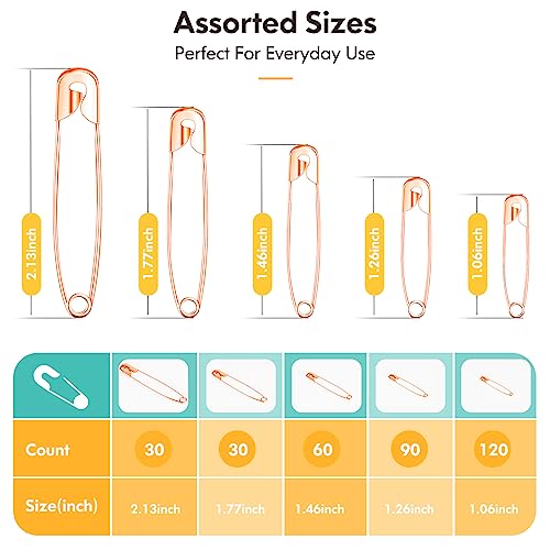 Image of 340 Pack Safety Pins Assorted, 5 Different Sizes Small and Large Safety Pins for Clothes Costume, Nickel Plated Steel Bulk, Sewing Crafts Art Supplies, Rose Gold
