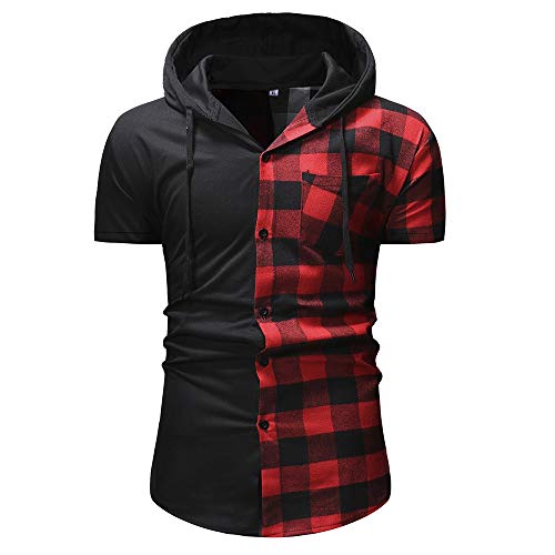 Preisvergleich Produktbild Sikungjlk Herren-Shirt, kurzärmelig, mit Kapuze, kariert, farblich passendes Kurzarmhemd mit Knopfleiste, baumwolle, c2, XXX-Large