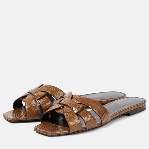 Image of THESHY Women's Flat Sandals Square Toe Patent Leather Comfortable Slip on Slippers Casual Summer Dressy Beach Slide Sandals for Women