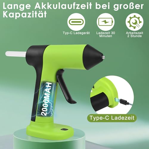 GuKKK Heißklebepistole mit 20 Heißklebesticks 8mm, Heissklebepistole Akku 2000mAh Klebepistolen, USB Typ-C Aufladende, Klebepistole Kabellos zum Basteln DIY Basteln Reparatur Zuhause und Büro