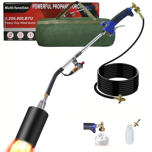 Propane Torch Weed Burner Kit, Weed Torch with 1lb Propane Cylinder Converter, Output 1,200,000 BTU,10FT Hose, Heavy Duty Blow Torch with Self Igniter,Flame Thrower for Weeds, Garden,Snow Melting