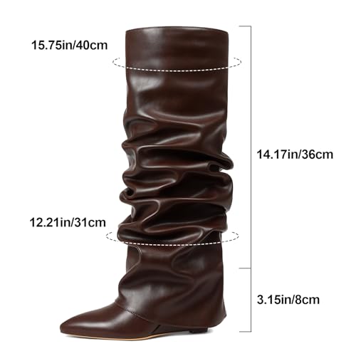 Image of Oiamenne Women's Fold Over Boots Slouch Wide Calf Knee High Boots | 3.15 inch Wedge Heel, Pointed Toe Tall Boots, Pull-on, Faux Leather Boots for Party Daily Wear