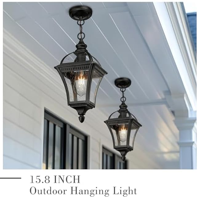 Emliviar Modern Outdoor Hanging Porch Light 15.8 Black Pendant Lantern XE266H-S BK