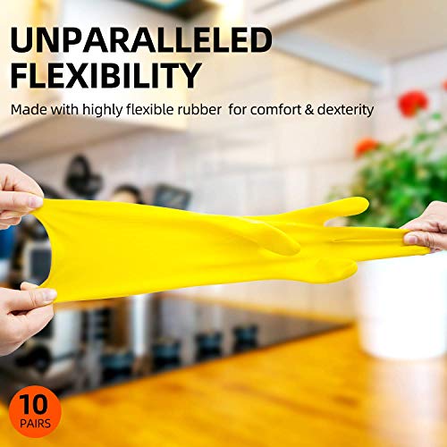 Vgo 10-Pairs Reusable Household Gloves, Rubber Dishwashing Gloves, Extra Thickness, Long Sleeves, Kitchen Cleaning, Working, Painting, Gardening, Pet Care (Size M, Yellow, HH4601)