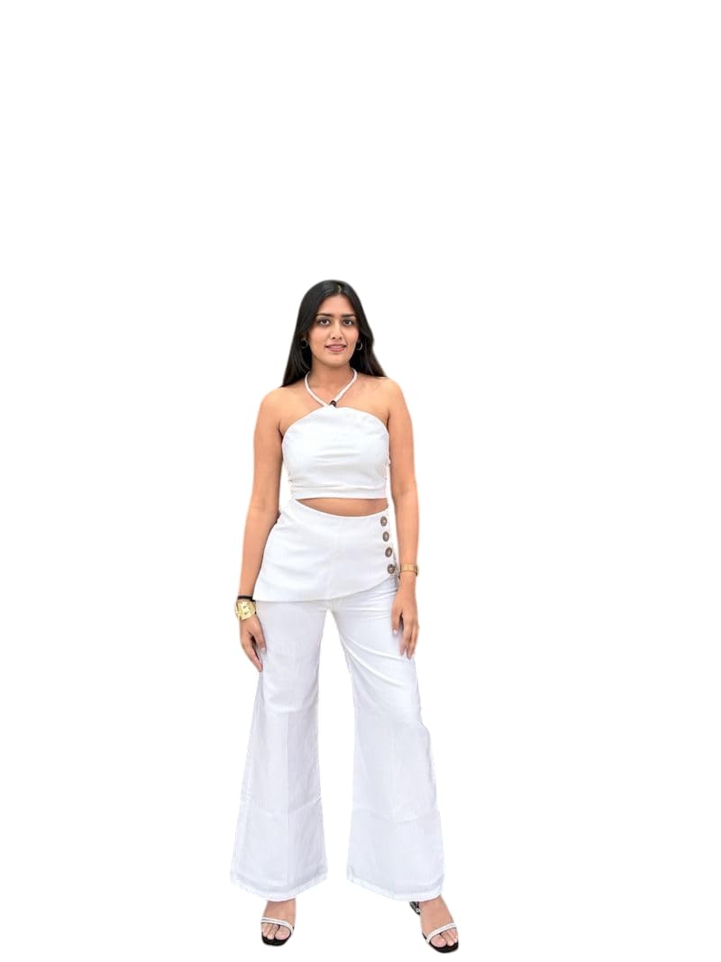 Women Top and Palazzo Co-ords Set | Strapless Crop Top | High Waisted Wide Leg Pants | Side Button Detail | Two Piece Coordinated Casual Western Outfit-image-28