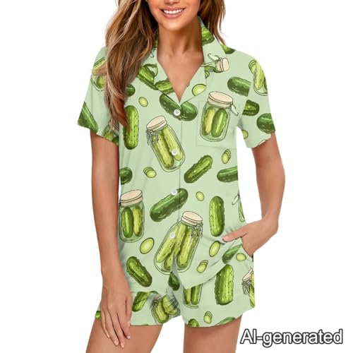 Image of Renewold Women's Short Sleeve Pajama Set Button Down Sleepwear with Notch Collar Soft Lounge Top and Shorts with Pockets