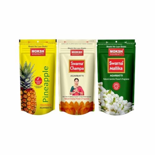 Image of MOKSH Agarbatti Combo - Pineapple, Swarna Champa & Swarna Mallika Fragrances, Zipper Pouches, 410 g Total, Pack of 3 | Incense Sticks for Puja & Meditation