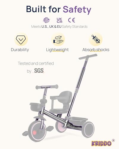 Image of KRIDDO 2-in-1 Tricycle for Toddlers 1.5-5 Years, Push Tricycle with Parent Steering Detachable Handle, 9-Stage Adjustable Handlebar, Toddler Trike with Safety Belt, Clutch Pedals & Dual Basket, Pink