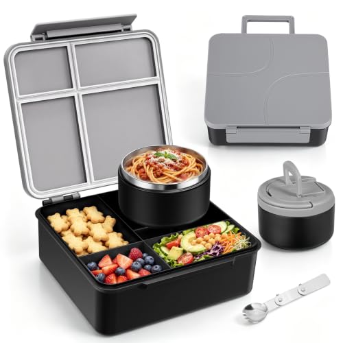 Image of MAXSO Bento Lunch Box Set for Kids with 8 oz Soup Thermo, Leakproof Hot Food Container with 4 Compartments, Insulated Food Jar for Toddler Daycare Boys Girls School - Black