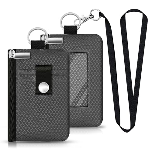 Image of Minimalist RFID Blocking Small Wallet with ID Window,WaterResistant Zip Id Case Wallet with Lanyard Keychain for Cards,Cash,Travel,Women,Men (DarkGrey)