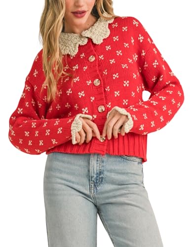 Esmeling Women's Y2K Ruffle Collar Cardigan Sweater Cute Long Sleeve Button Down Floral Knitwear Tops