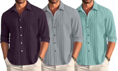 Image of FINIVO FASHION Combo of Men's Casual Cotton Plain Button Down Shirt Long Sleeve Textured Summer Beach Shirt for Men Pack of 3