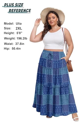 Image of Lepunuo Womens Casual Boho High Waisted Flowy Maxi Skirts Tiered Floral Long Skirts with Pockets for Summer Beach Vacation