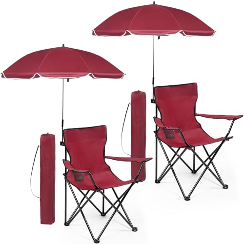 Anglechic 2 Pack Beach Umbrella Chairs Folding Camping Portable Beach Chairs with Canopy Shade Adults with Cup Holder and Carrying Bag for Camping Hiking Travel Picnic Outdoor Events(Wine Red)