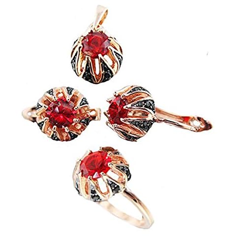 VPKJewelry Women's Russian Real 925 Sterling Silver Set Rose 14k Gold Plated Earrings Ring Pendant Diamonique Black CZ Valentines Day best Gifts (ruby, 5) Cover