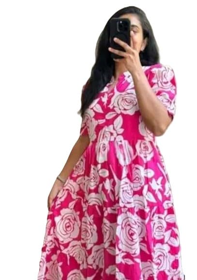 Image of Women's Rayon A-Line Midi Dress, Red and White Floral Print, Short Sleeves, Tiered Design, Round Neck, Summer Wear