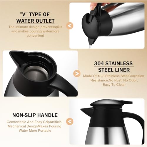 FillTouch 6 Pcs Coffee Carafes for Keeping Hot 68 oz Insulated Stainless Steel Thermal Coffee Carafe Hot Drink Dispenser Flask for Hot Tea with 4 Brushes, Keep 12 Hours Hot 24 Hours Cold (Silver)
