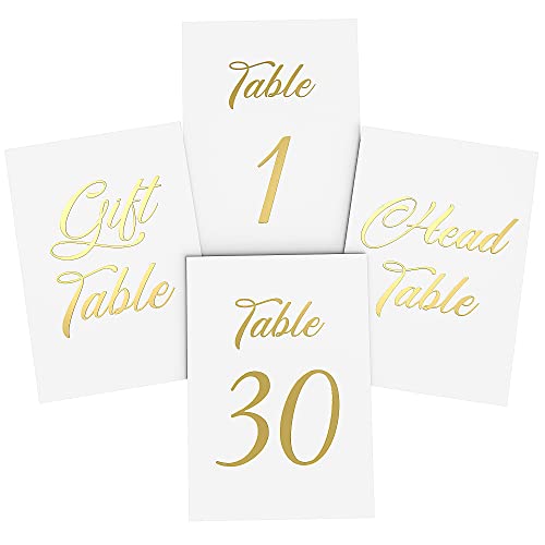 32 Gold Wedding Table Numbers 1-30 - 4x6 Cardstock Embossed Table Numbers Cards for Wedding Reception with Head & Gift Table Cards - Single Sided