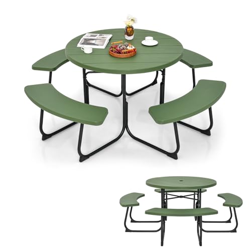 KOMFOTTEU Ensemble de Table de Pique-Nique pour 8 Personnes, 4 Sièges, Table d’Extérieur Ronde avec Trou pour Parasol, Meuble de Jardin en HDPE & Métal...