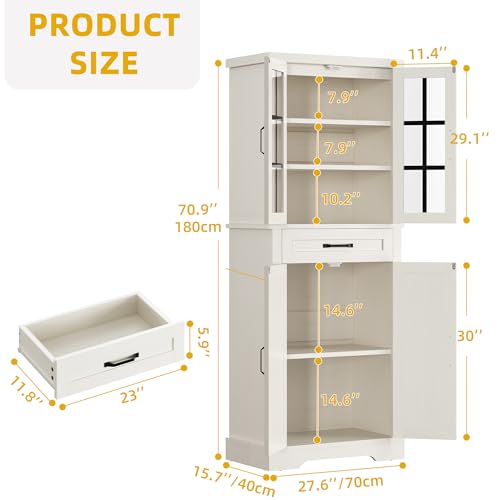 DWVO Farmhouse Kitchen Pantry Cabinet, 71" Tall Storage Cabinet with Adjustable Shelves & Glass Doors, Freestanding Kitchen Cupboard for Dining Room, Living Room, White Oak