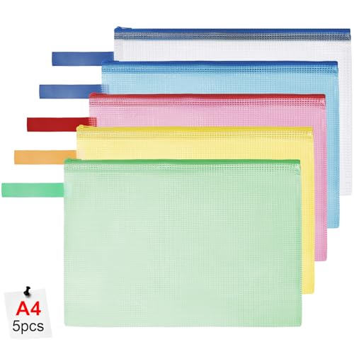 OFFCUP Dokumententasche A4, 5 Stück Mesh Dokumentenmappe Wasserdichte mit Reißverschluss und Griff Wasserdichte, Verdicktem PVC Datei Tasche für Schule Zuhause Büro Reisen Kosmetika
