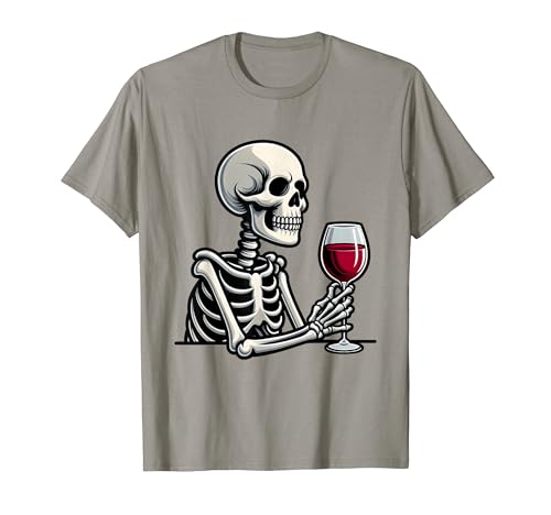 Skeleton Drinking Wine Funny Halloween Wine Lover Drinking Maglietta