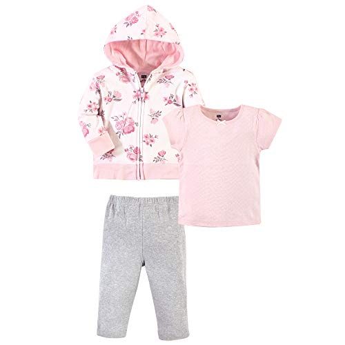 Hudson Baby Unisex Baby and Toddler Cotton Hoodie, Bodysuit or Tee Top and Pant Set Pink Floral Toddler, 2 Toddler