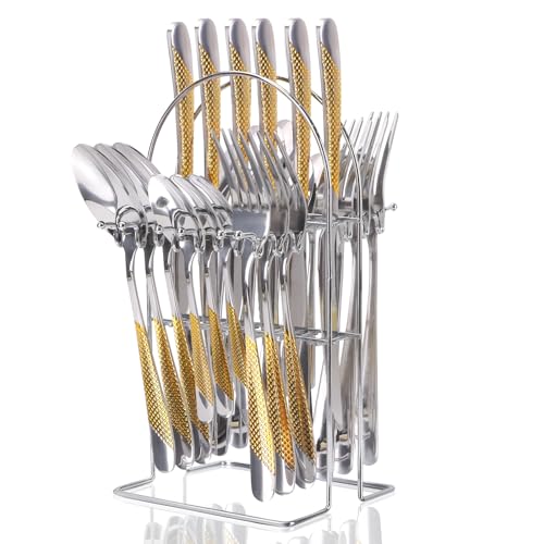 Gilded Silverware Set, 24 Piece Cutlery Set with Holder, Service for 6, Mirror Polished Tableware Set for Home Kitchen, Dishwasher (Gold Silvery)…